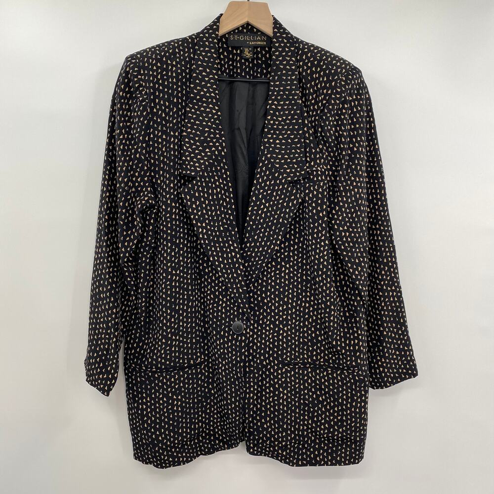 St. Gillian by Kay Unger Silk Geometric Printed Black Tan One Button Size 10